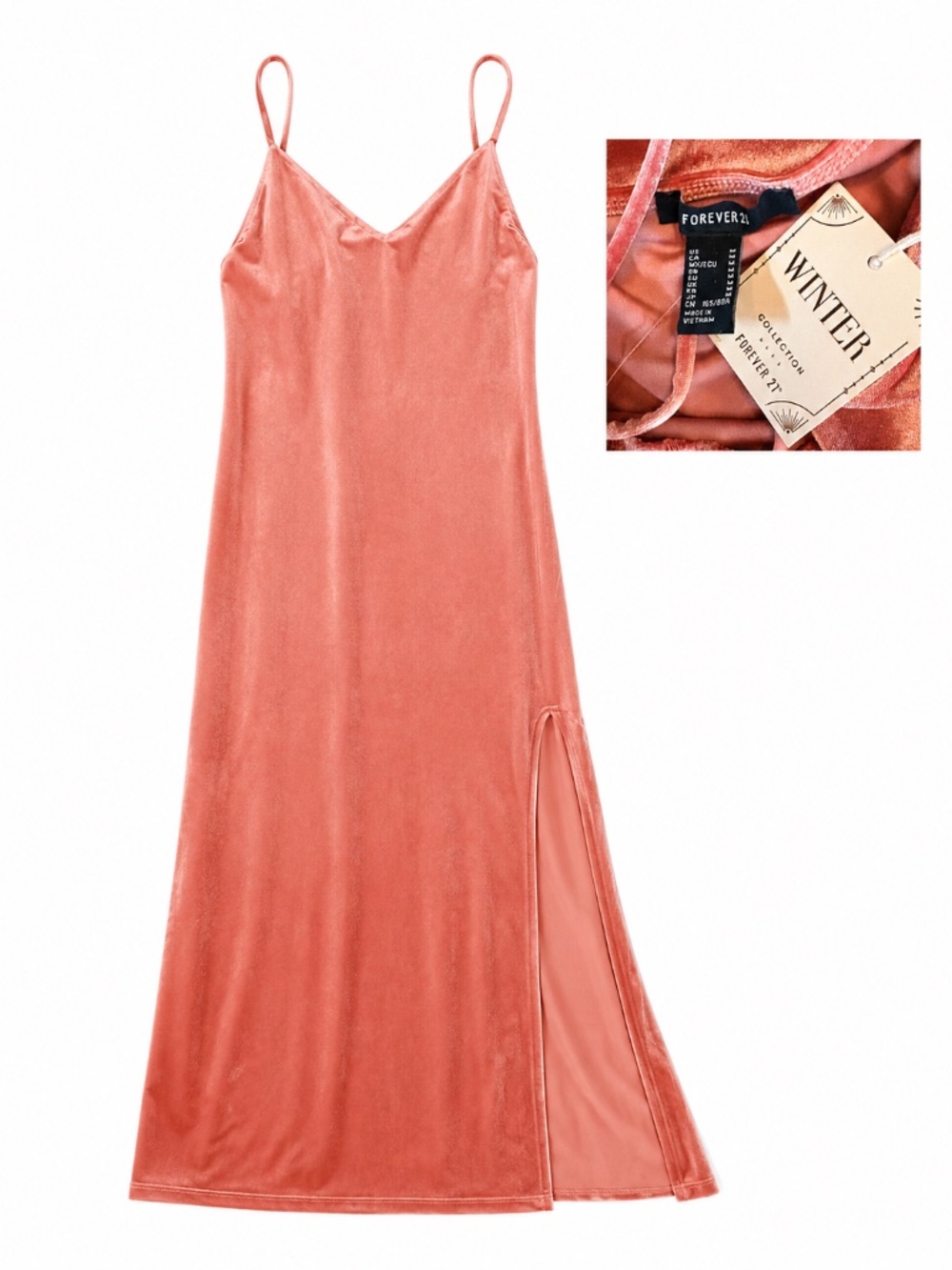 NWT Forever 21 Coral Pink Velvet High Slit Maxi Dress Size M